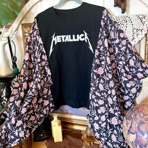 #47 Custom Up Cycled Metallica Band Tee With Floral Poncho Flowy Sleeves OS